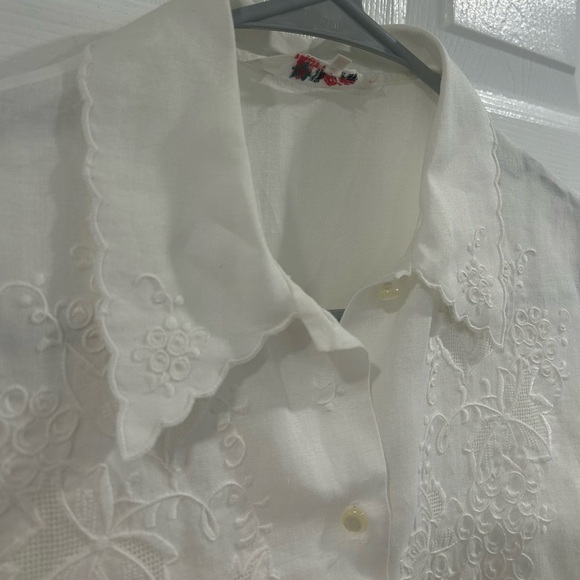 Vintage Hand Embroidered 100% Linen Button Down Short Sleeve Shirt Ivory White - Picture 4 of 11